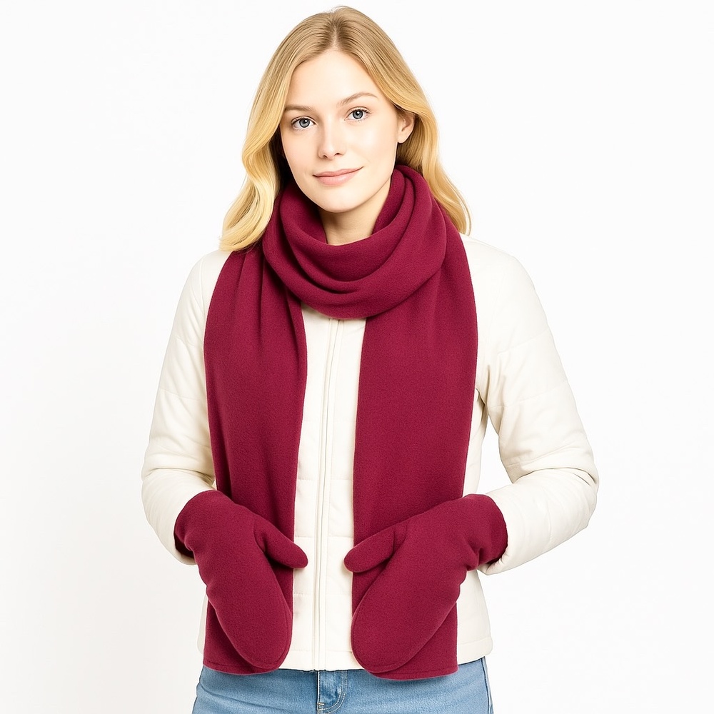 Jewel of Denile Burgundy Fleece Scarf with Built-In Mittens